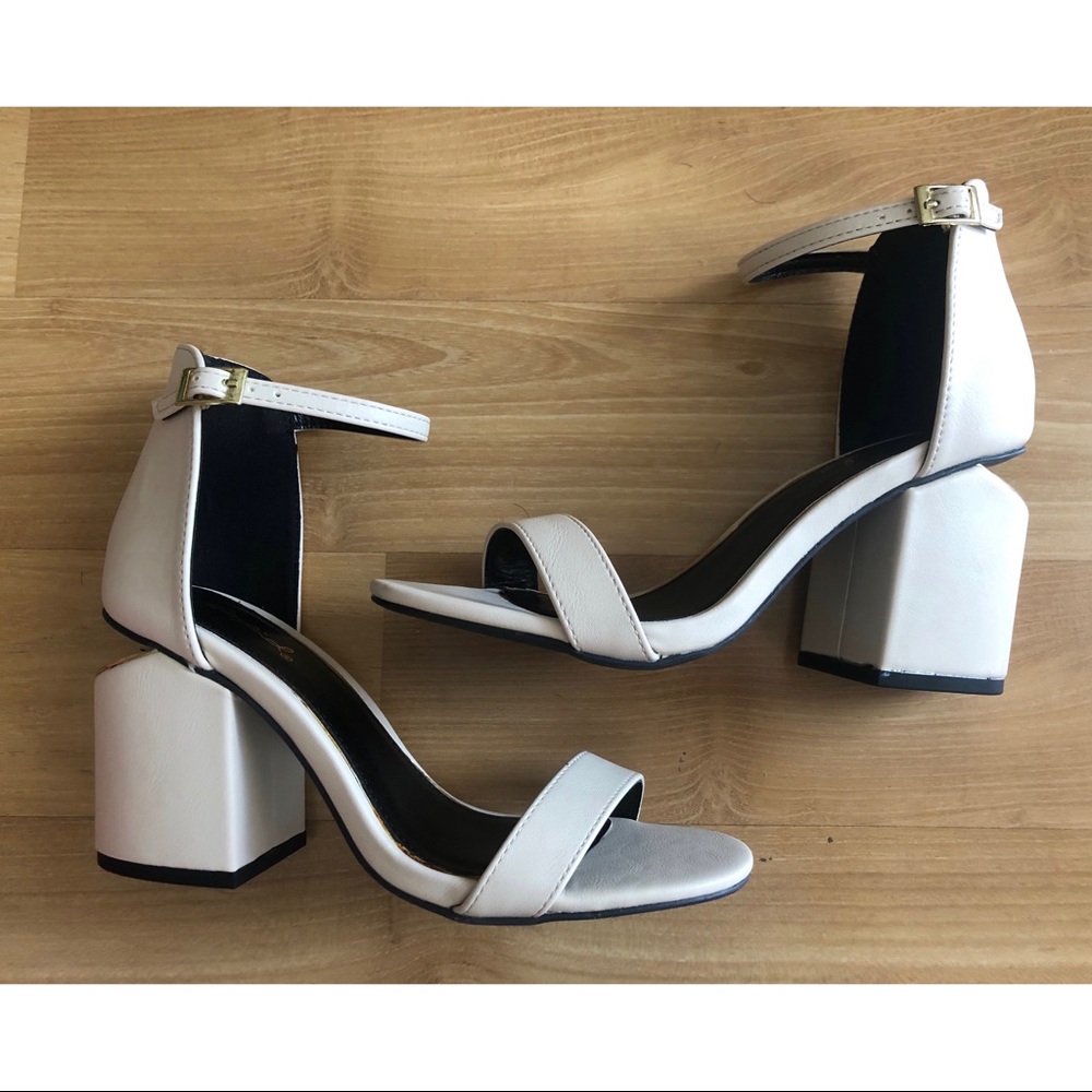 QUPID Nude Leather Block Heel Gold Accents